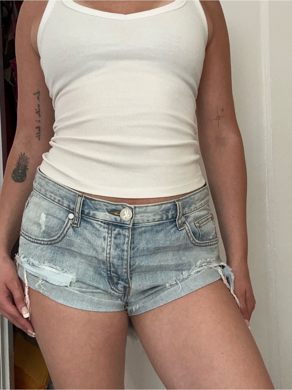 One Teaspoon Bandits Light Wash Distressed Denim Shorts